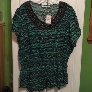 Cato Jade Pattern Silve Beaded Neck Shirt